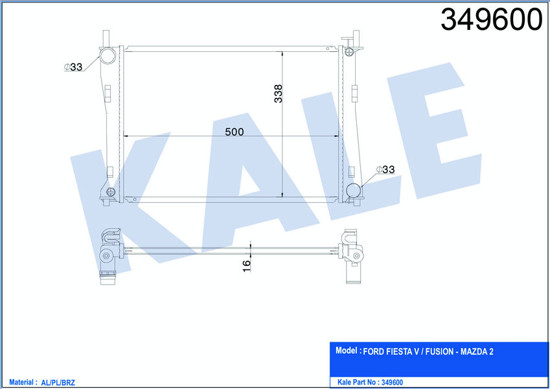 Su Radyatörü Fiesta Fusıon 1.4-1.6 Benzinli 500x358x16 02-06 Al-Pl-Brz resmi