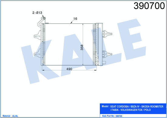 Klima Radyatörü Kondenser Polo-Fox-Cordoba-Ibıza-Roomster-Fabıa Al/Al 515x362x16 resmi