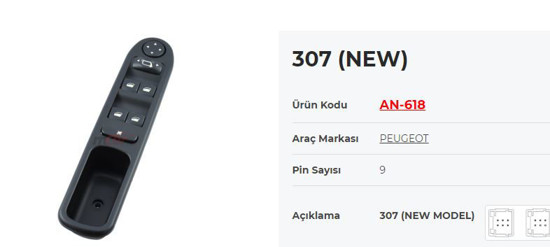 Cam Acma Anahtarı Sol Dortlu Peugeot 307 Yenı Model resmi