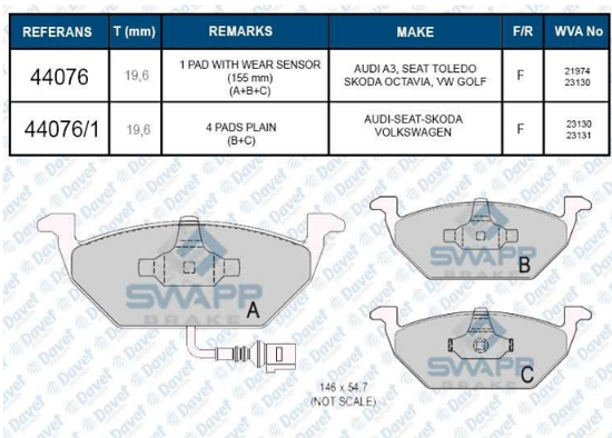 Fren Balatası On Bora-Caddy 3-Golf 4 - V - Vı-Jetta-Polo 00--> Wva 23130 resmi